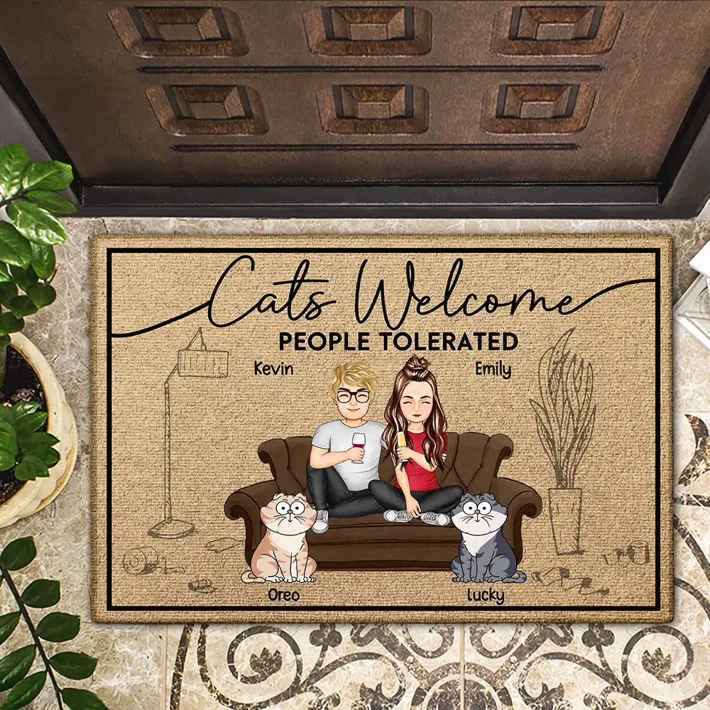 Cat Lovers, Cat Couple, Pet Lovers - Cat Welcome People Tolerated - Personalized Doormat
