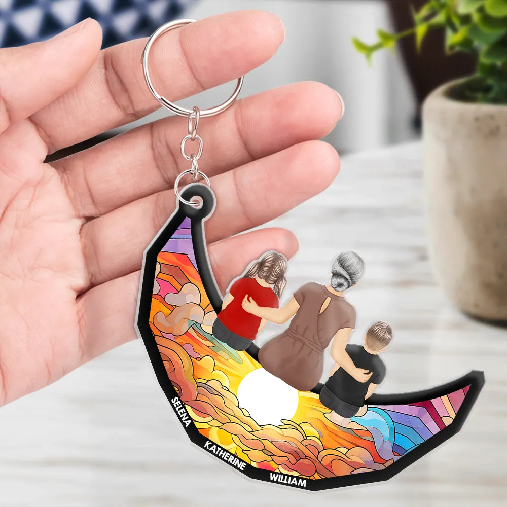 Gift For Mother, Gift For Grandma - Grandma Mom And Kids On The Moon - Personalized Cutout Acrylic Keychain
