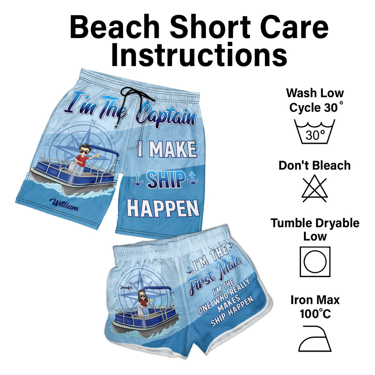 Pontoon Couple I'm The Captain I'm The First Mate - Gift For Husband, Wife, Pontooning Lovers, Lake Lovers, Travelers - Personalized Couple Beach Shorts