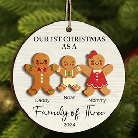 First Christmas As A Family Of Three Gingerbread - Personalized 2-Layered Wooden Ornament