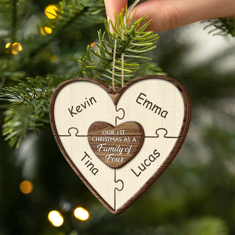 Our First Christmas As A Family Of Three Puzzle - Personalized 2-Layered Wooden Ornament