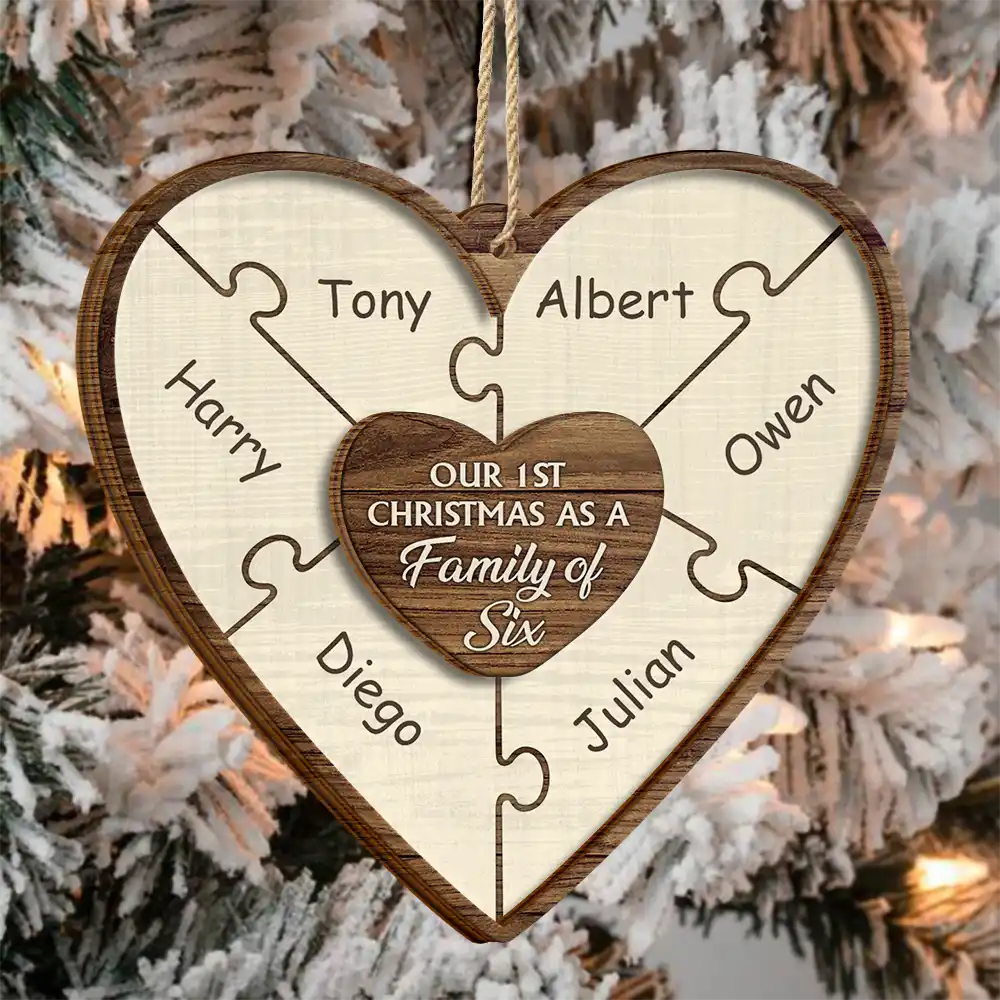 Our First Christmas As A Family Of Three Puzzle - Personalized 2-Layered Wooden Ornament