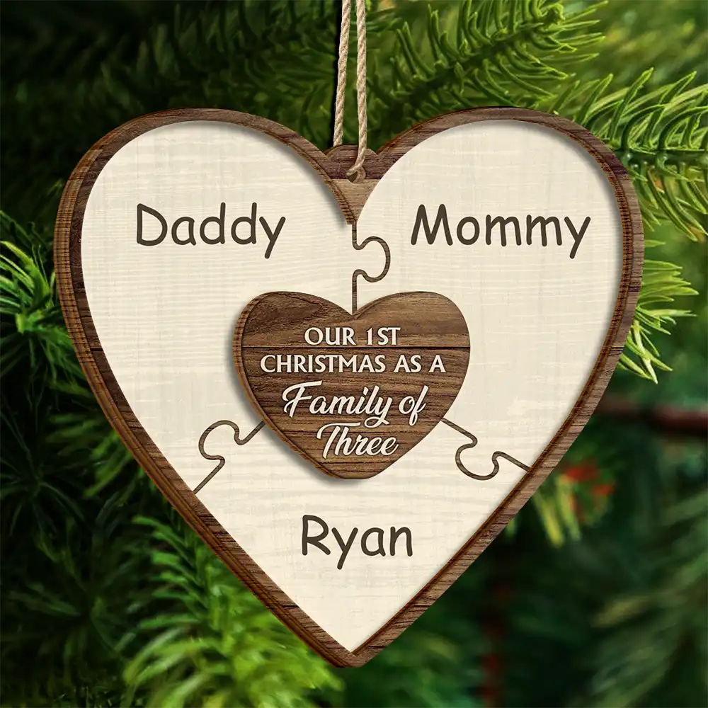 Our First Christmas As A Family Of Three Puzzle - Personalized 2-Layered Wooden Ornament