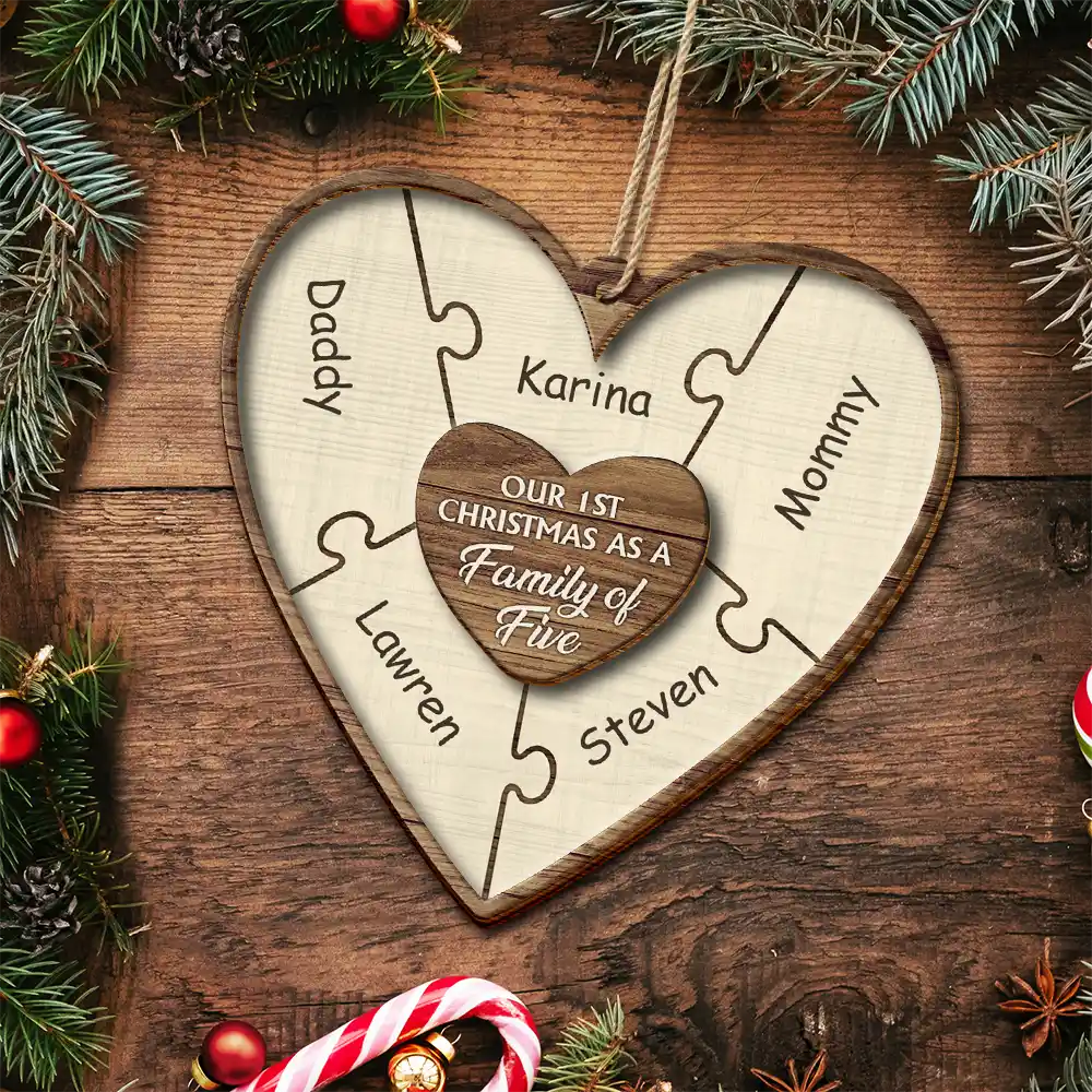 Our First Christmas As A Family Of Three Puzzle - Personalized 2-Layered Wooden Ornament