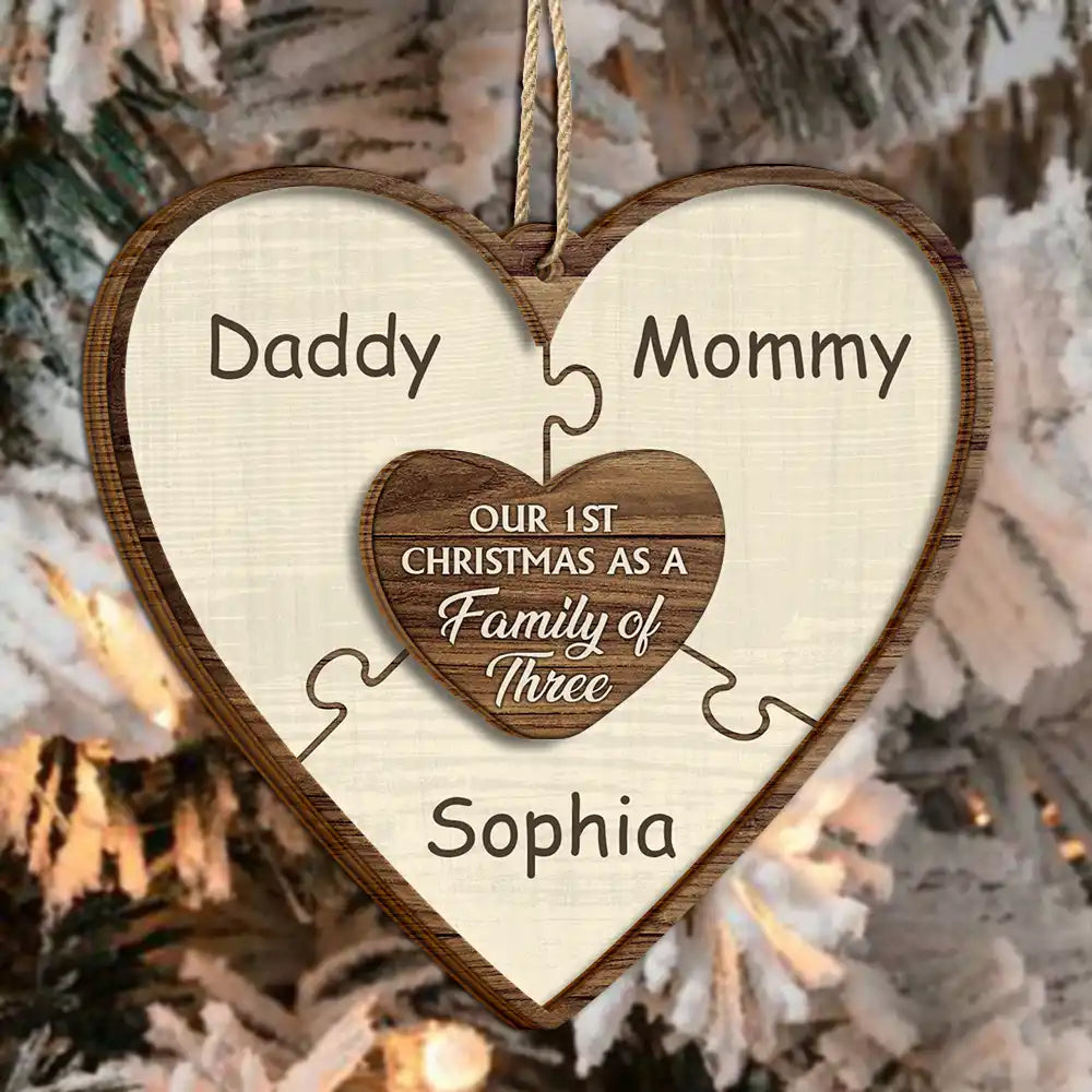 Our First Christmas As A Family Of Three Puzzle - Personalized 2-Layered Wooden Ornament