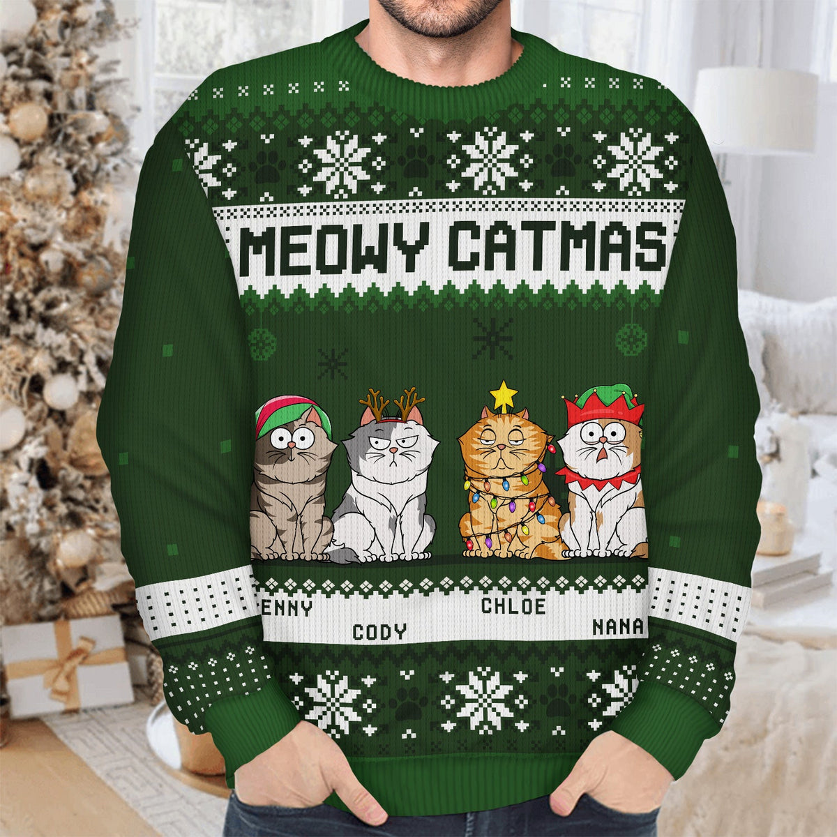 Meowy Catmas Funny Cartoon Cats - Christmas Gift For Cat Lovers, Cat Moms, Cat Dads - Personalized Unisex Ugly Sweater