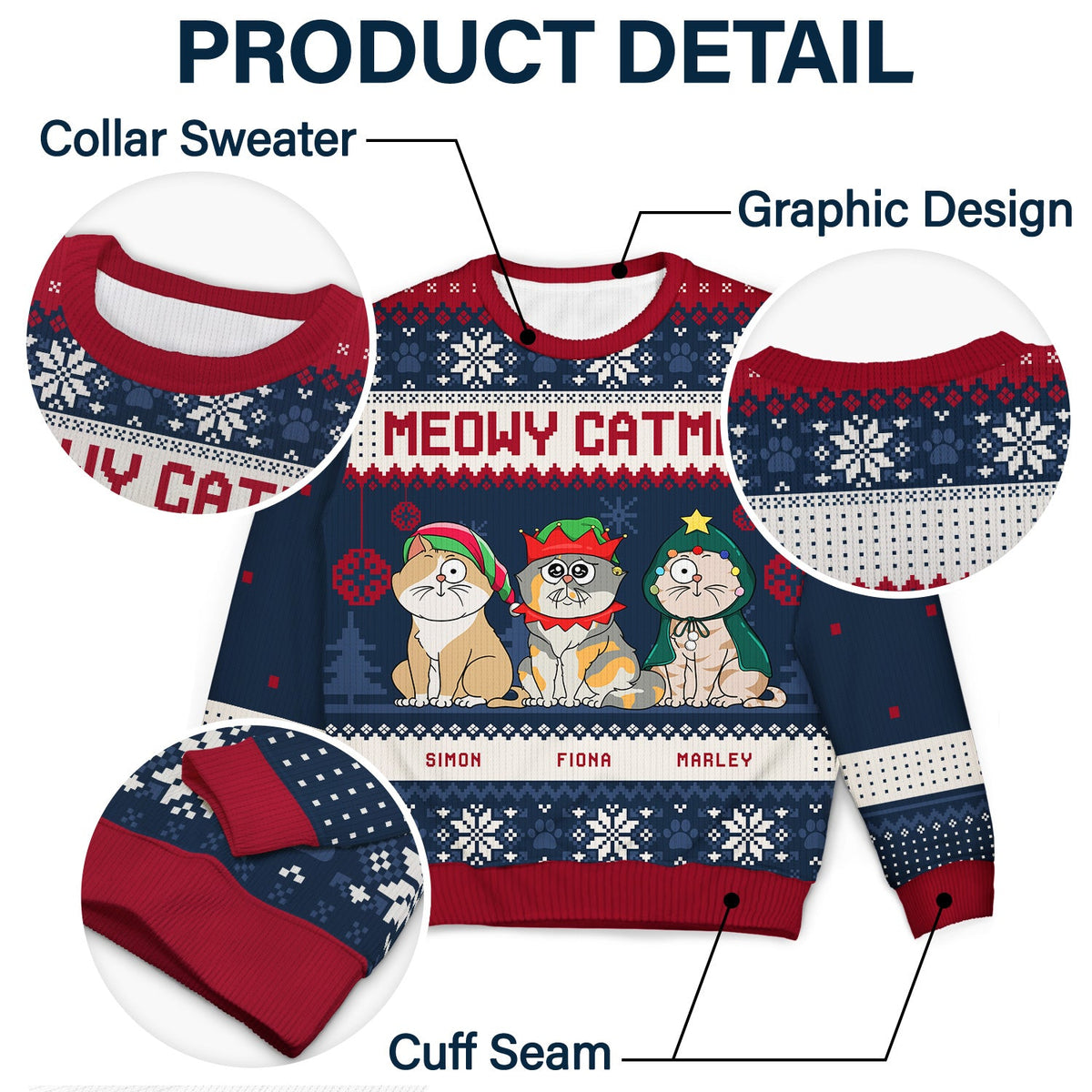 Meowy Catmas Funny Cartoon Cats - Christmas Gift For Cat Lovers, Cat Moms, Cat Dads - Personalized Unisex Ugly Sweater