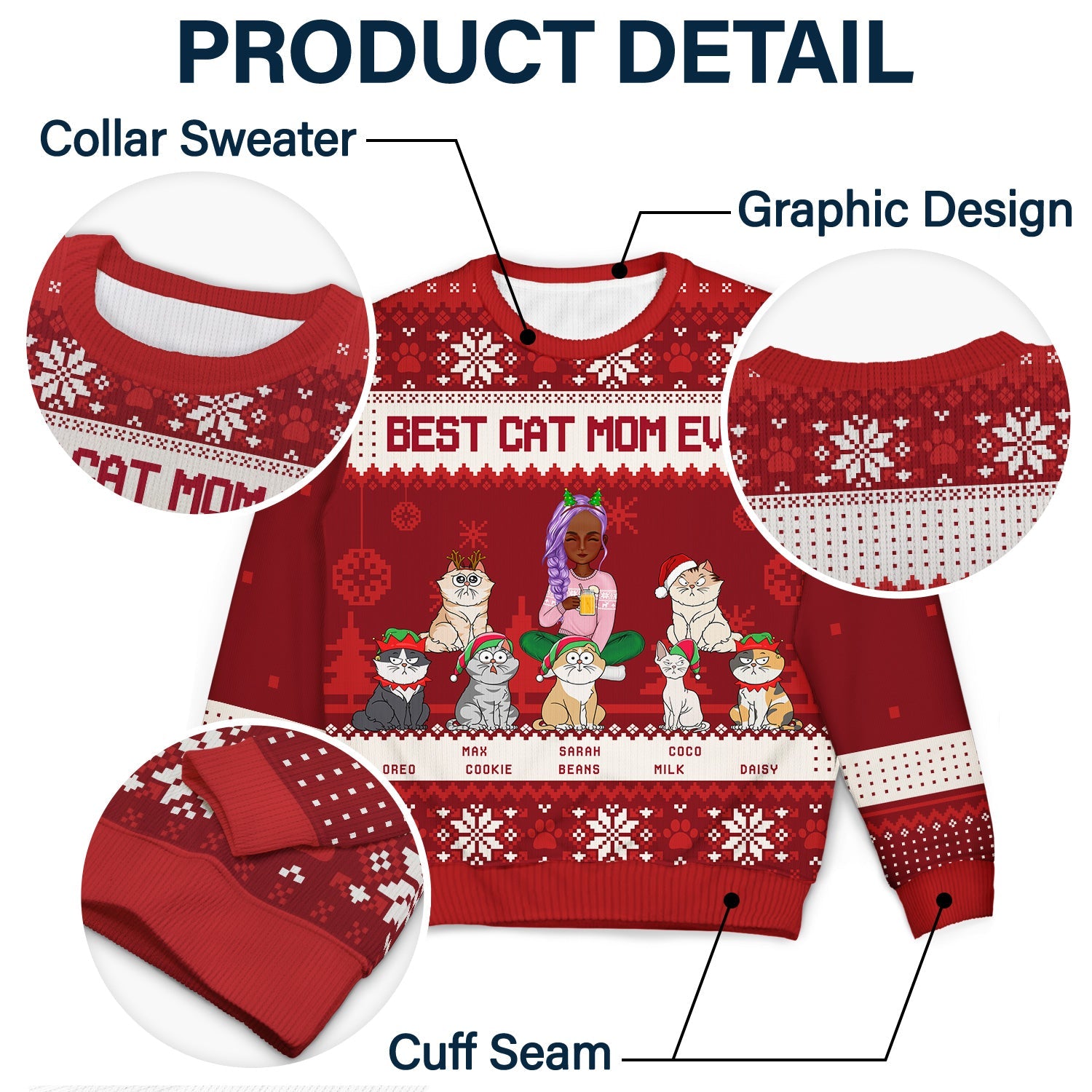 Best Cat Mom Ever Cartoon Style - Christmas Gift For Cat Lovers - Personalized Unisex Ugly Sweater