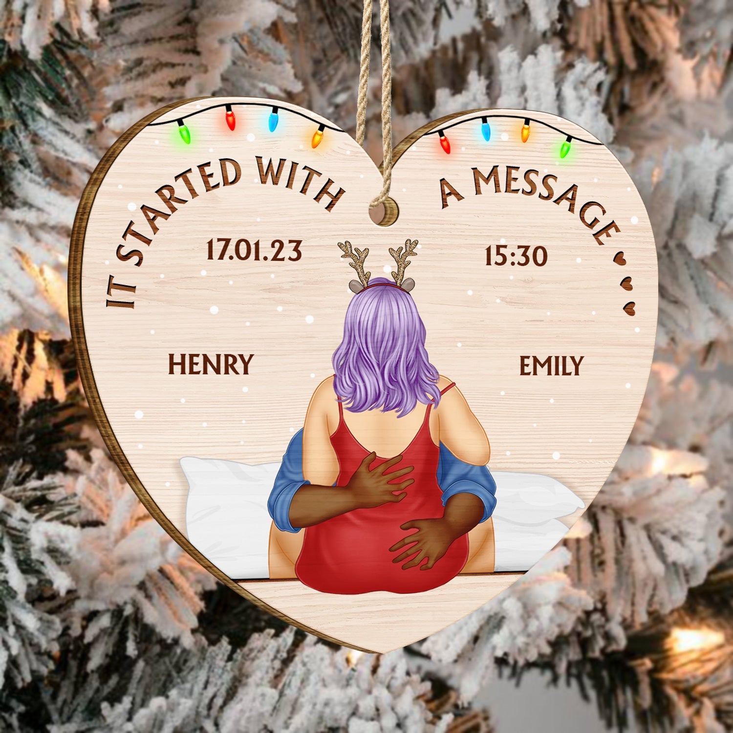 It Started With A Message - Christmas Gift For Couples - Personalized Custom Shaped Wooden Ornament