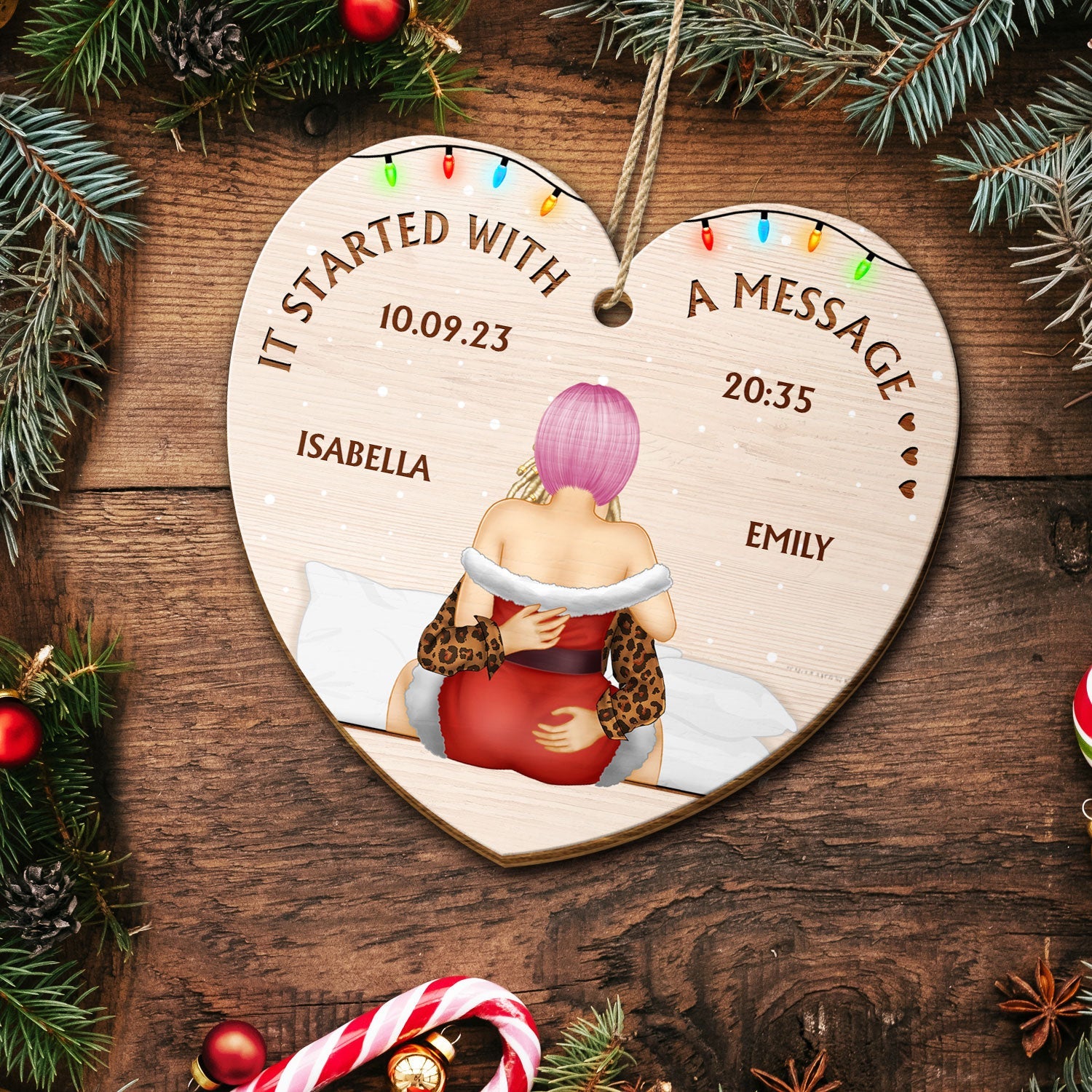 It Started With A Message - Christmas Gift For Couples - Personalized Custom Shaped Wooden Ornament