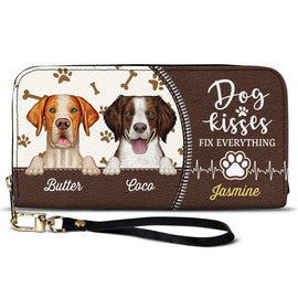 Dog Kisses Fix Everything - Gift For Dog Lovers, Dog Moms, Women - Personalized Leather Long Wallet