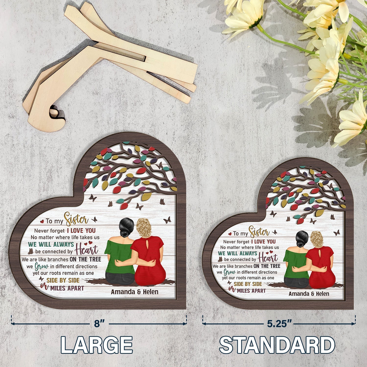 No Matter Where Life Takes Us - Gift For Sisters, Siblings - Personalized 2-Layered Wooden Plaque With Stand