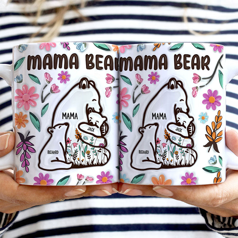 Mama Bear Floral Style - Birthday, Loving Gift For Mom, Mother, Grandma, Grandmother - 3D Inflated Effect Printed Mug, Personalized White Edge-to-Edge Mug