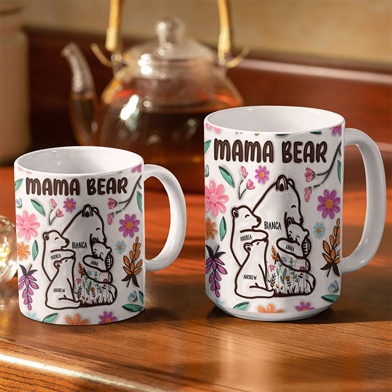 Mama Bear Floral Style - Birthday, Loving Gift For Mom, Mother, Grandma, Grandmother - 3D Inflated Effect Printed Mug, Personalized White Edge-to-Edge Mug