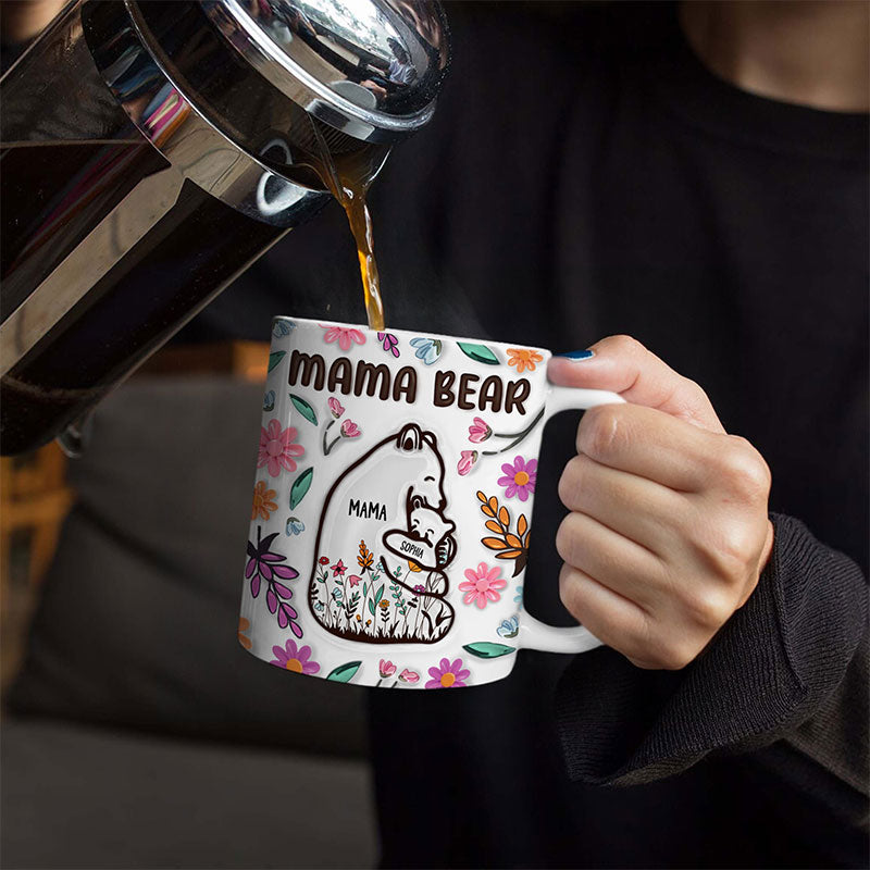 Mama Bear Floral Style - Birthday, Loving Gift For Mom, Mother, Grandma, Grandmother - 3D Inflated Effect Printed Mug, Personalized White Edge-to-Edge Mug