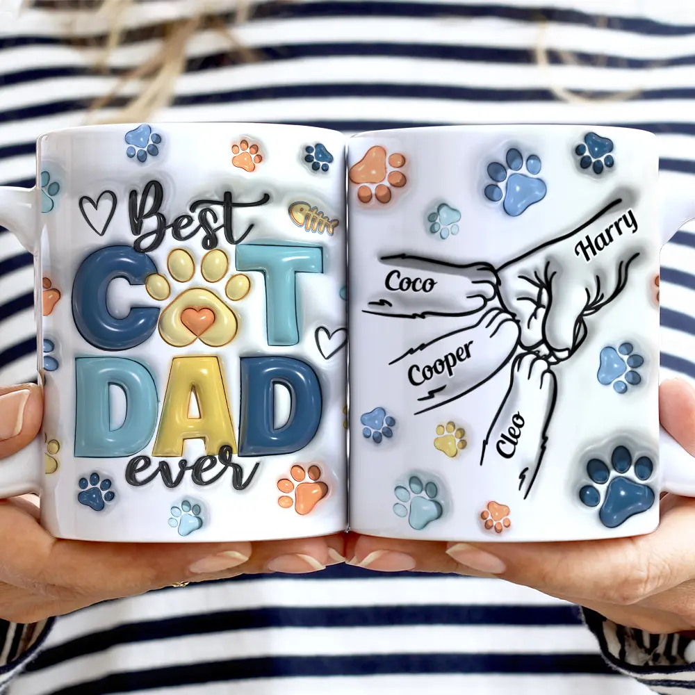 Paws And Human Hand Fist Bump Best Cat Dad Ever - 3D Inflated Effect Printed Mug, Personalized White Edge-to-Edge Mug