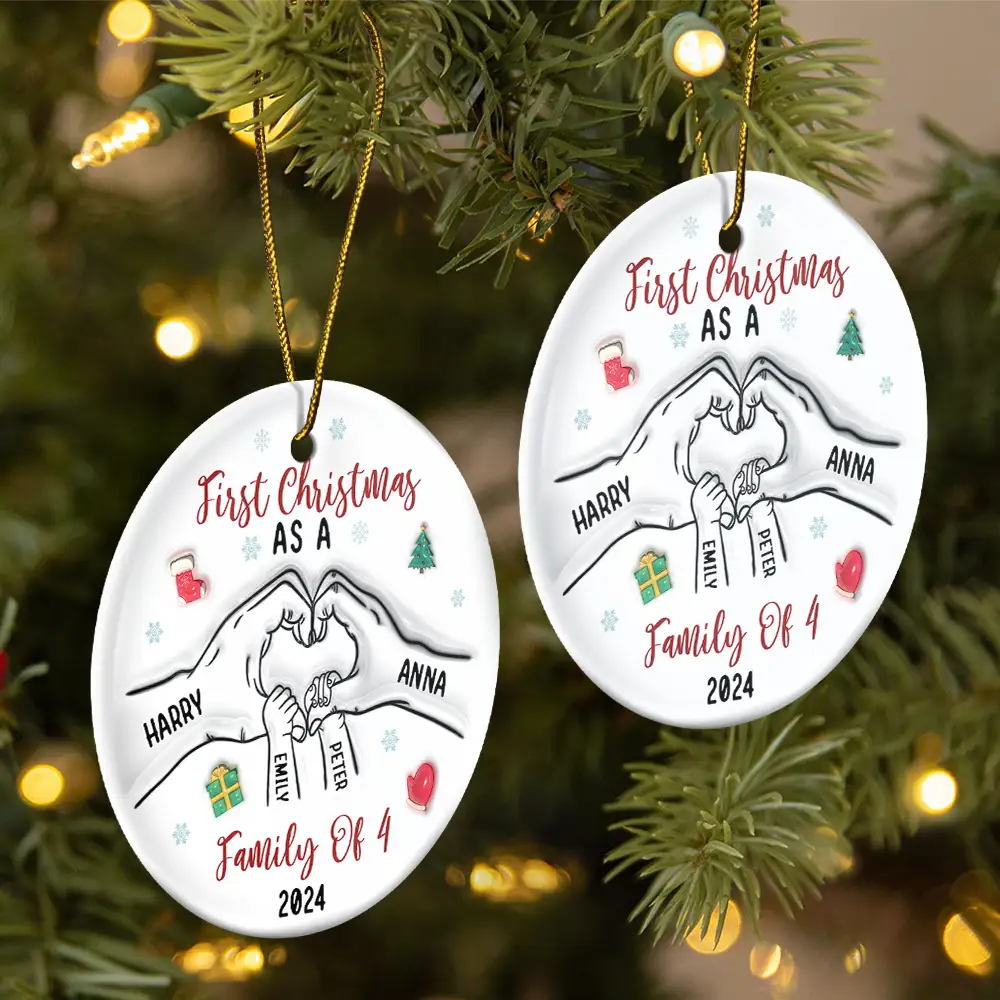 First Christmas As A Family As Three - 3D Inflated Effect Printed Ornament, Personalized Circle Ceramic Ornament