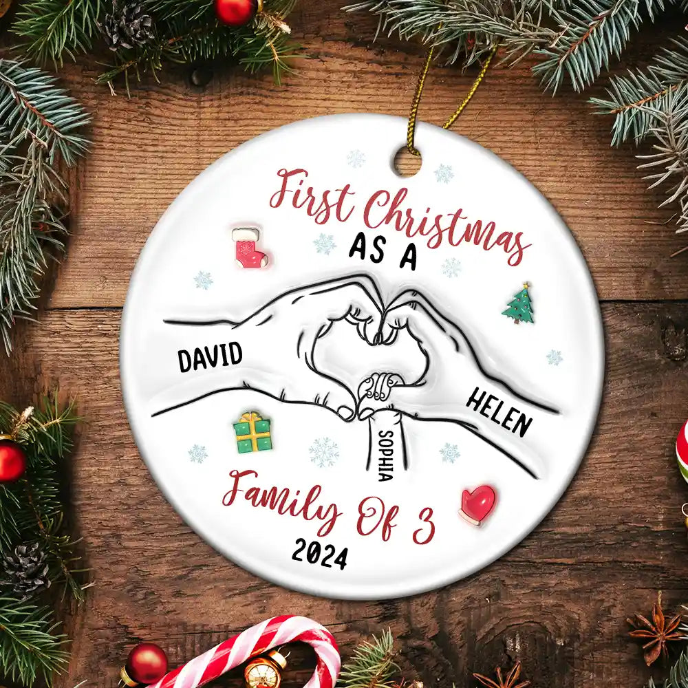 First Christmas As A Family As Three - 3D Inflated Effect Printed Ornament, Personalized Circle Ceramic Ornament