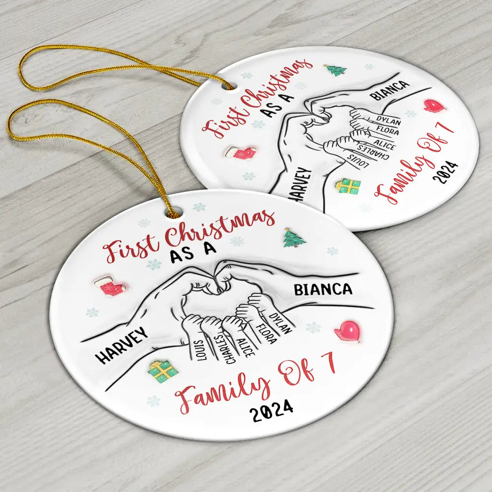 First Christmas As A Family As Three - 3D Inflated Effect Printed Ornament, Personalized Circle Ceramic Ornament