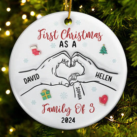 First Christmas As A Family As Three - 3D Inflated Effect Printed Ornament, Personalized Circle Ceramic Ornament