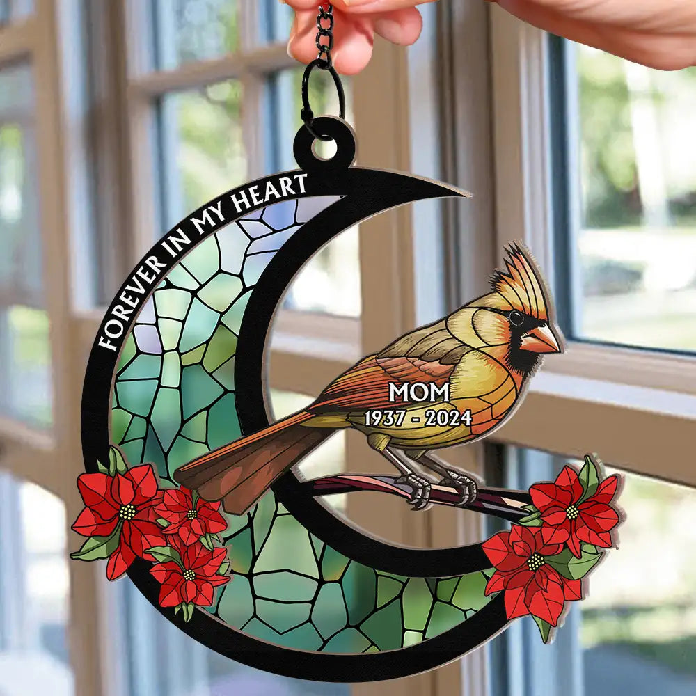 Memorial Cardinal Stained Glass Moon - Personalized Window Hanging Suncatcher Ornament