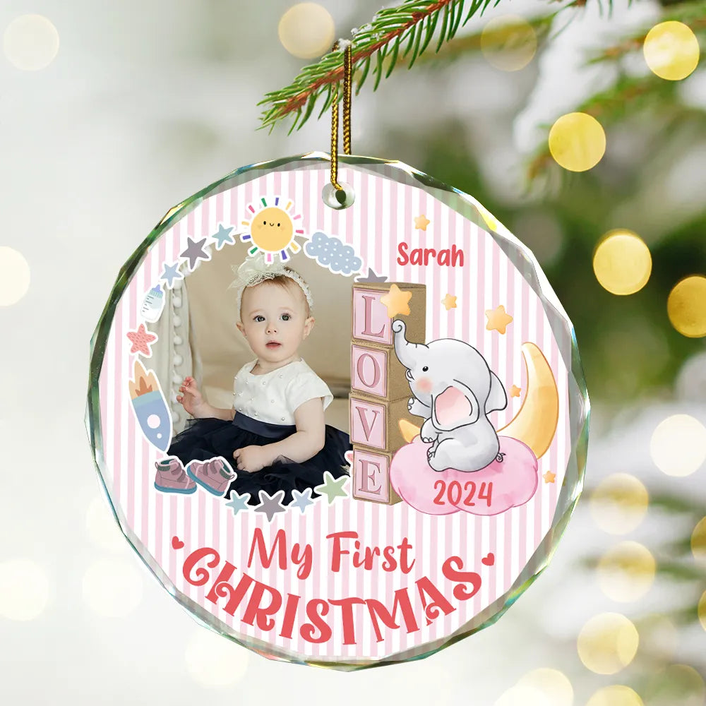 Custom Photo First Christmas Elephant Star - Personalized Circle Glass Ornament