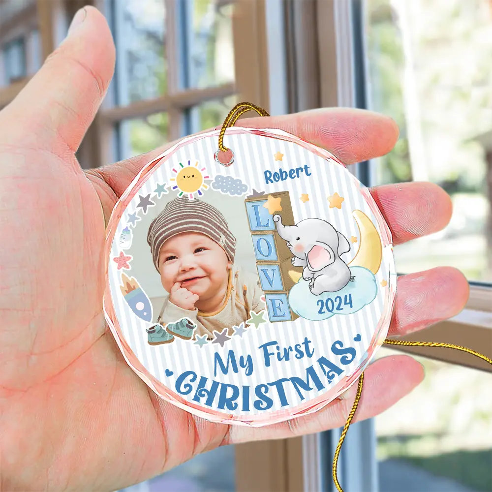 Custom Photo First Christmas Elephant Star - Personalized Circle Glass Ornament