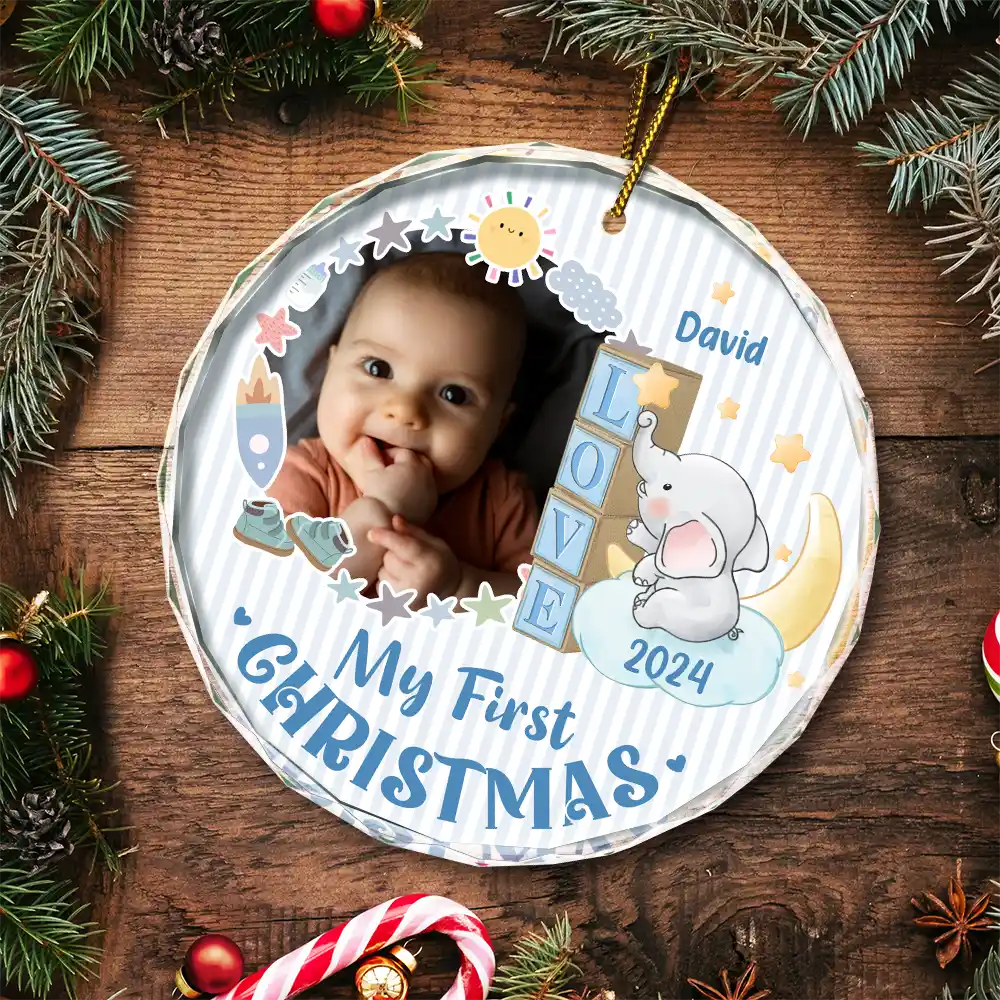 Custom Photo First Christmas Elephant Star - Personalized Circle Glass Ornament