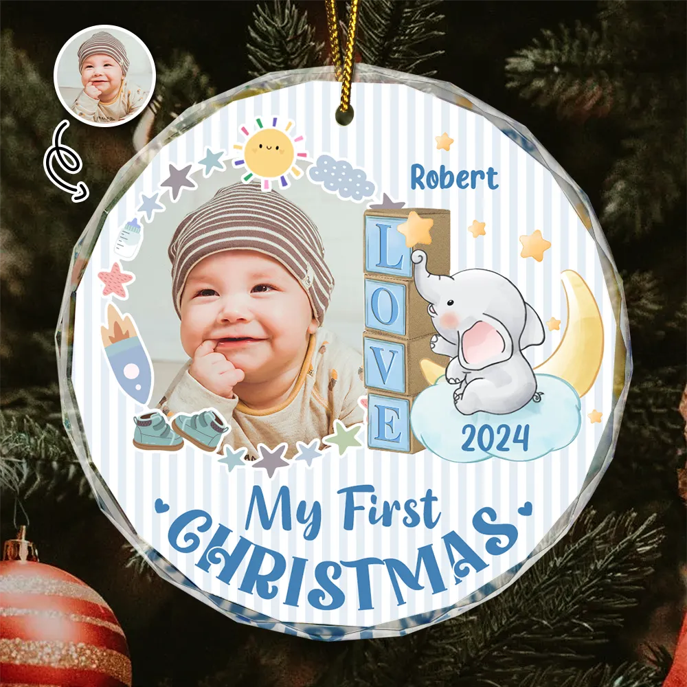 Custom Photo First Christmas Elephant Star - Personalized Circle Glass Ornament