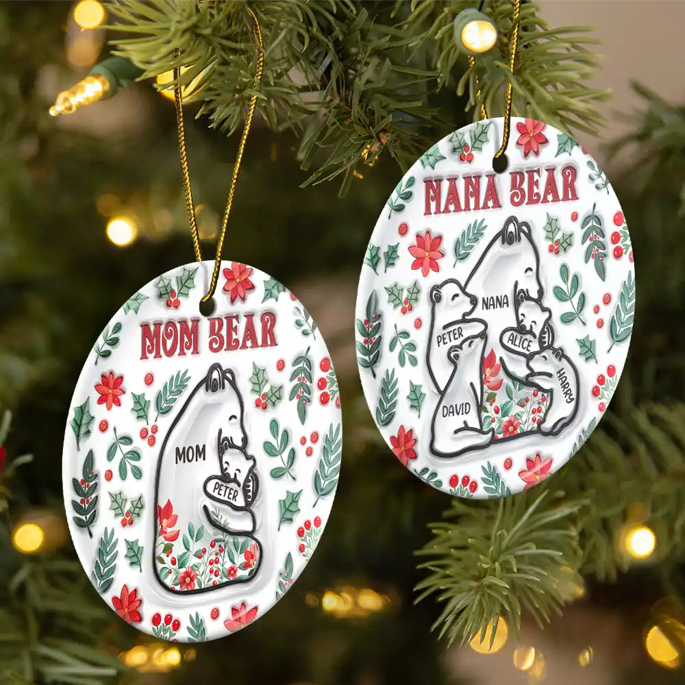 Christmas Mama Bear - 3D Inflated Effect Printed Ornament, Personalized Circle Ceramic Ornament