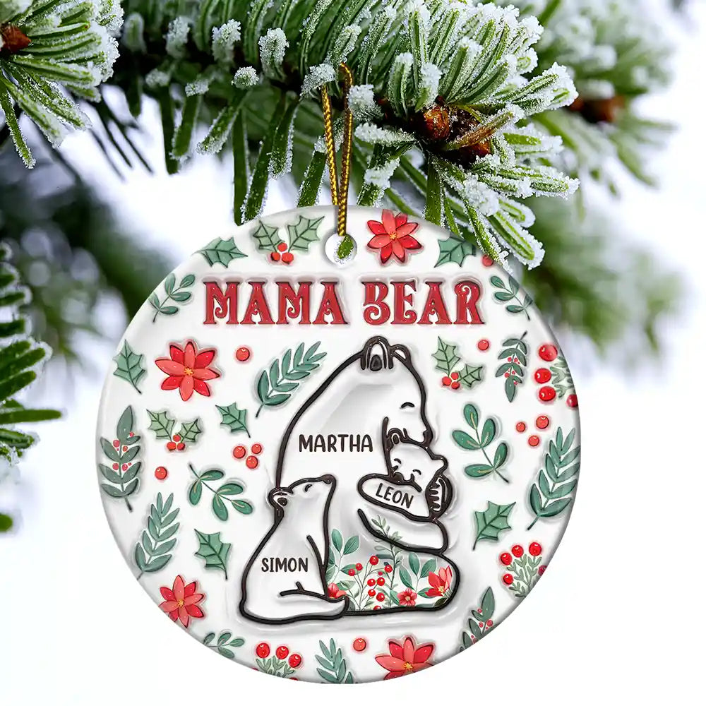 Christmas Mama Bear - 3D Inflated Effect Printed Ornament, Personalized Circle Ceramic Ornament