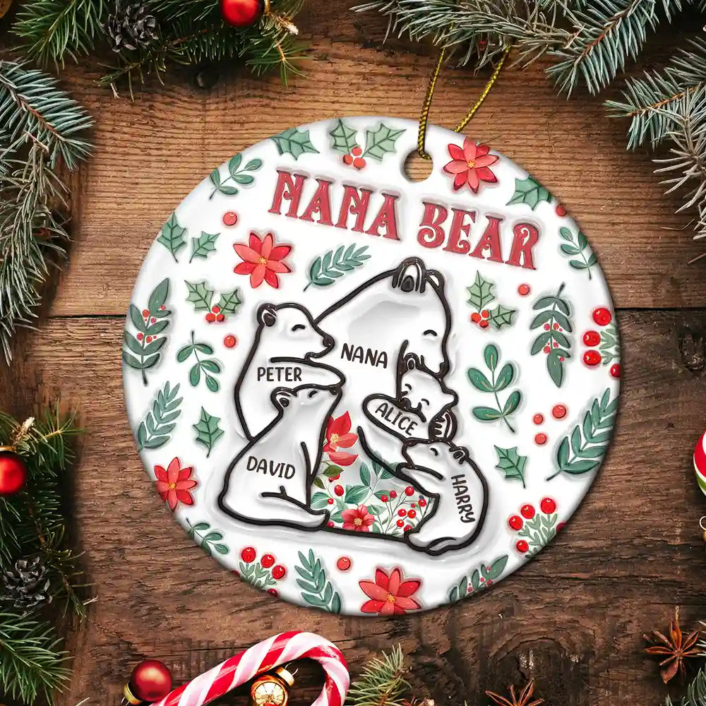 Christmas Mama Bear - 3D Inflated Effect Printed Ornament, Personalized Circle Ceramic Ornament