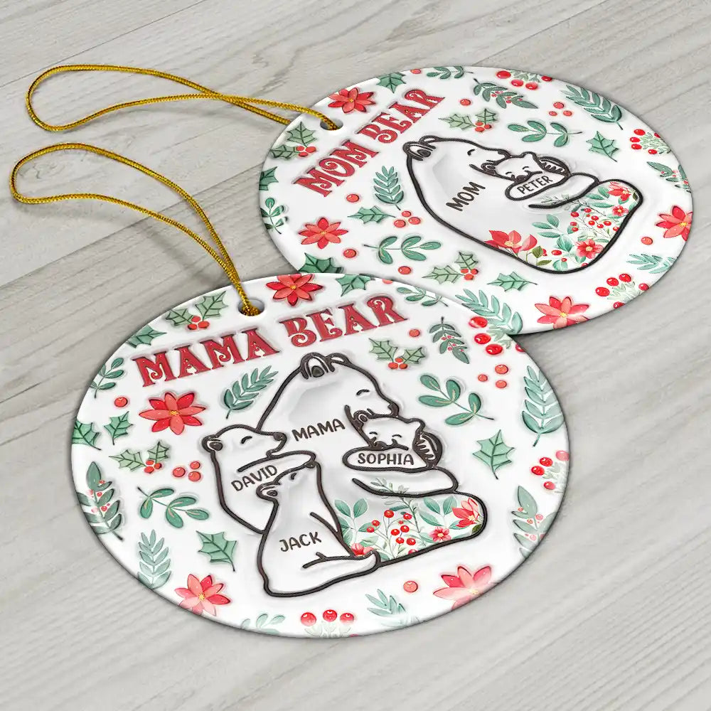 Christmas Mama Bear - 3D Inflated Effect Printed Ornament, Personalized Circle Ceramic Ornament