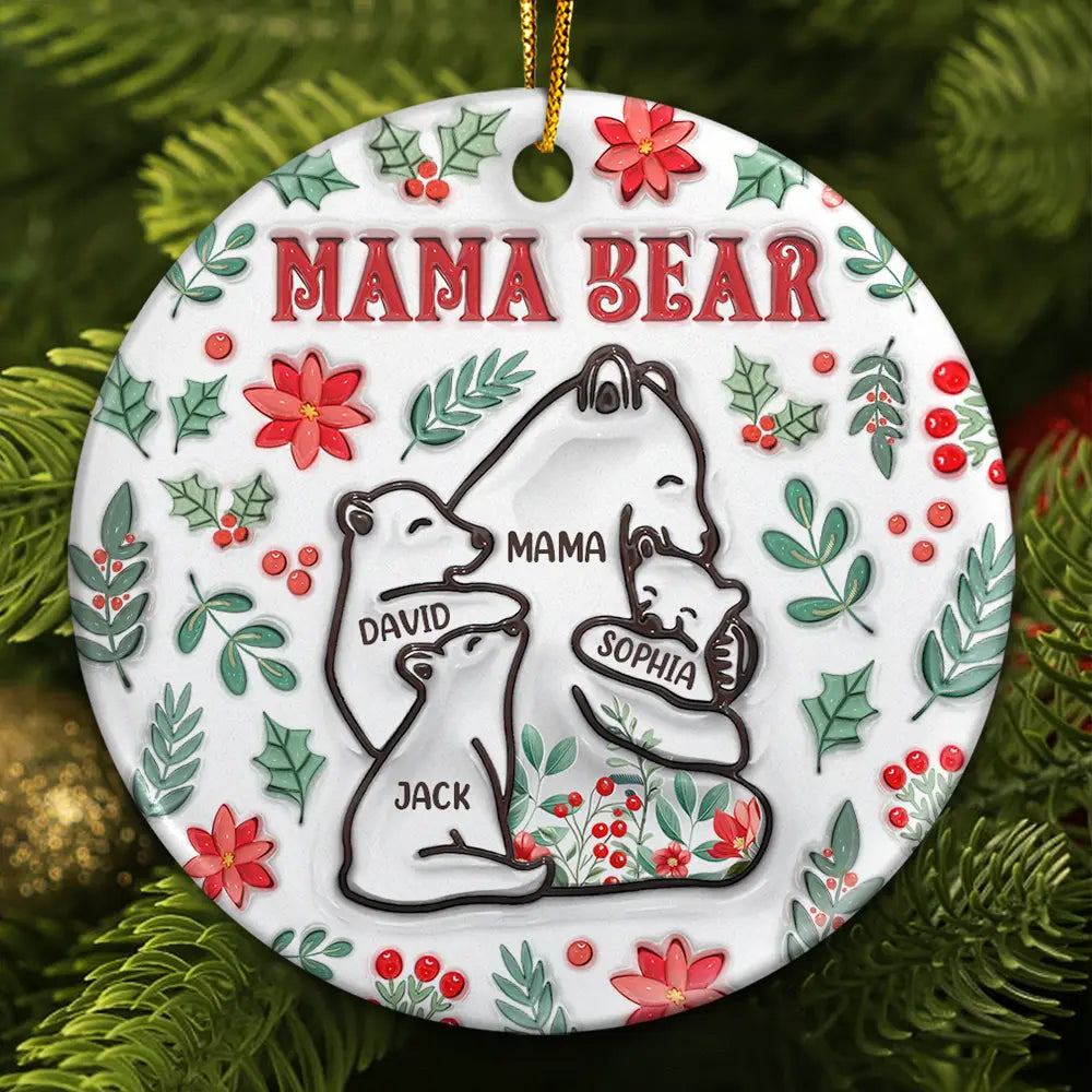 Christmas Mama Bear - 3D Inflated Effect Printed Ornament, Personalized Circle Ceramic Ornament