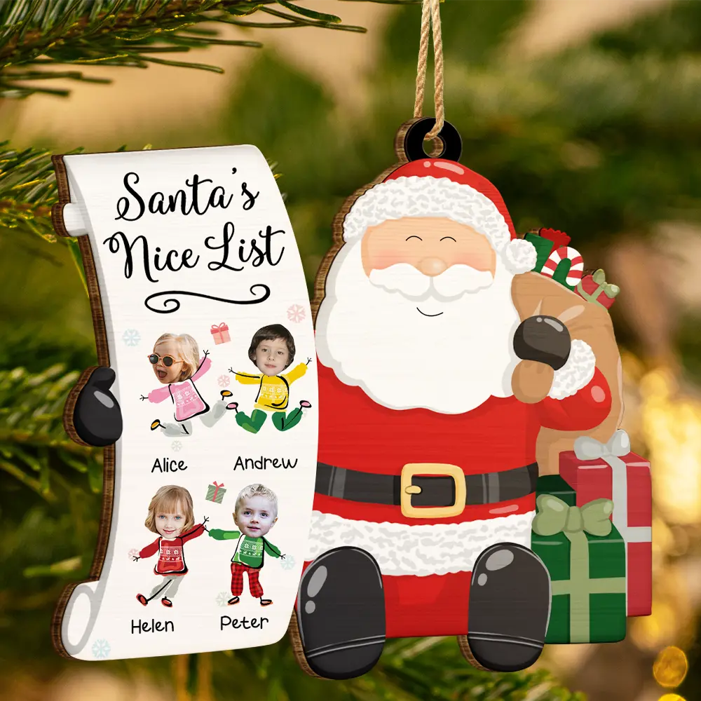 Custom Photo Kid Faces Santa's Nice List - Personalized Custom Shaped Wooden Ornament