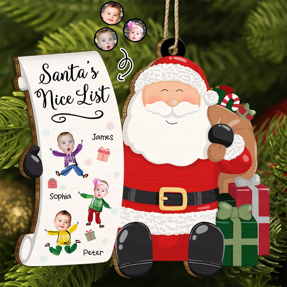 Custom Photo Kid Faces Santa's Nice List - Personalized Custom Shaped Wooden Ornament