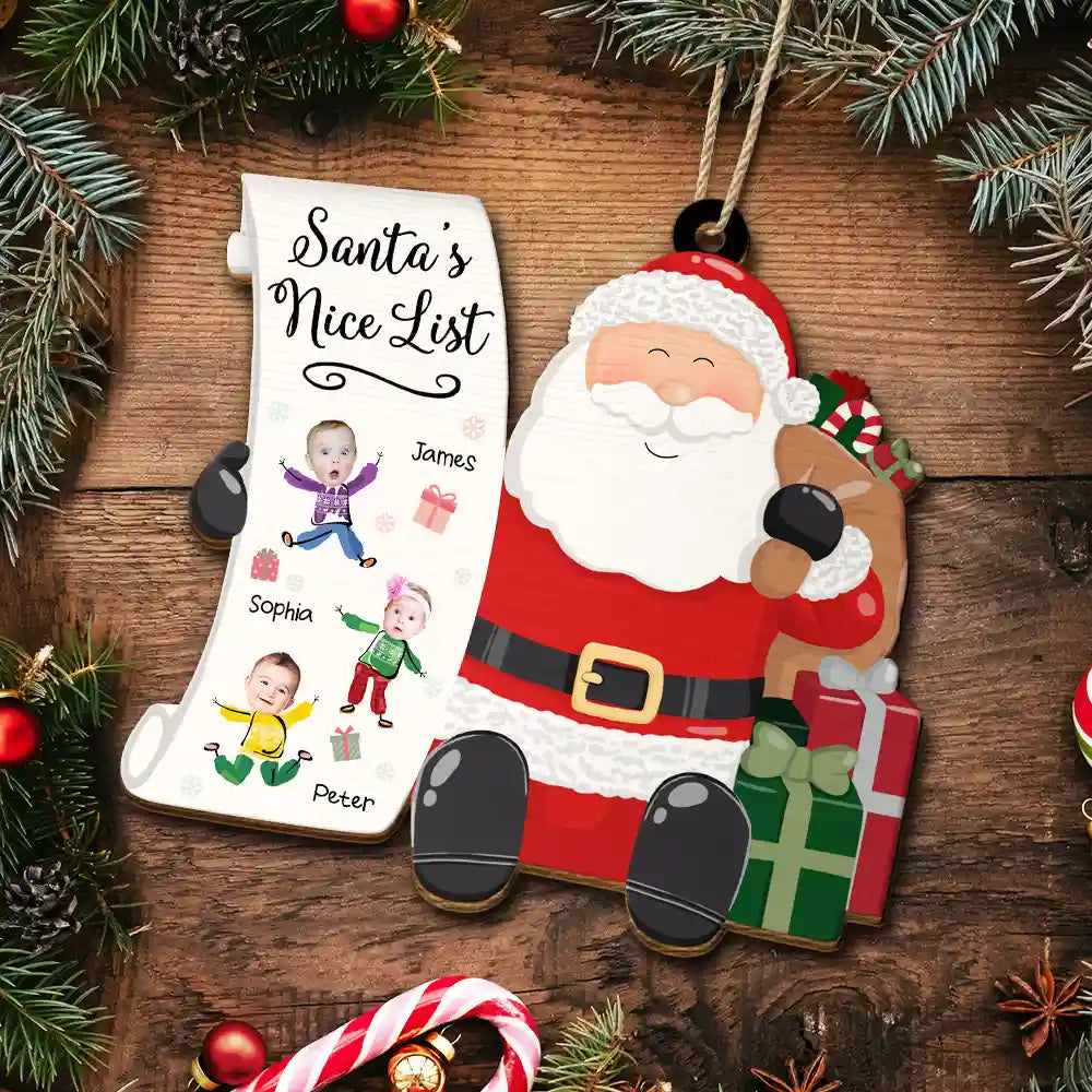 Custom Photo Kid Faces Santa's Nice List - Personalized Custom Shaped Wooden Ornament