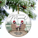 Gift For Couples - First Christmas Engagement Couples Merry & Married - Personalized Circle Ceramic Ornament