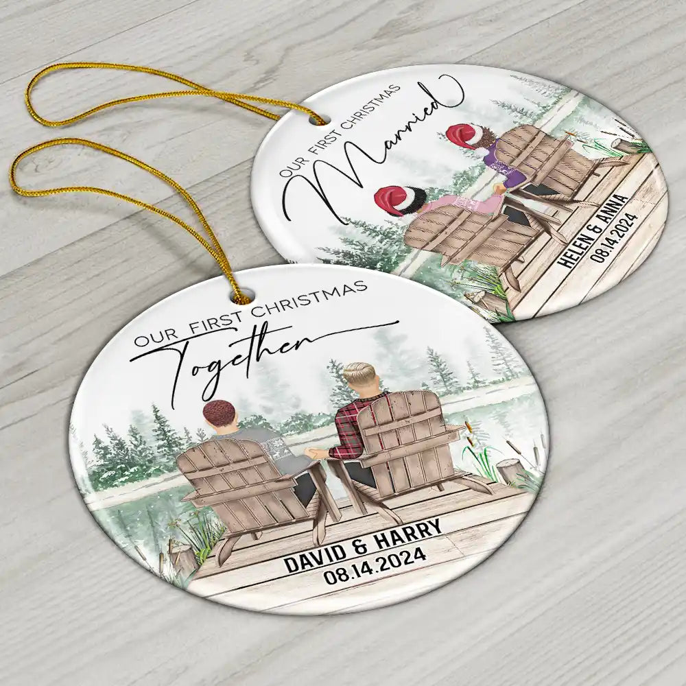 Gift For Couples - First Christmas Engagement Couples Merry & Married - Personalized Circle Ceramic Ornament