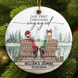 Gift For Couples - First Christmas Engagement Couples Merry & Married - Personalized Circle Ceramic Ornament