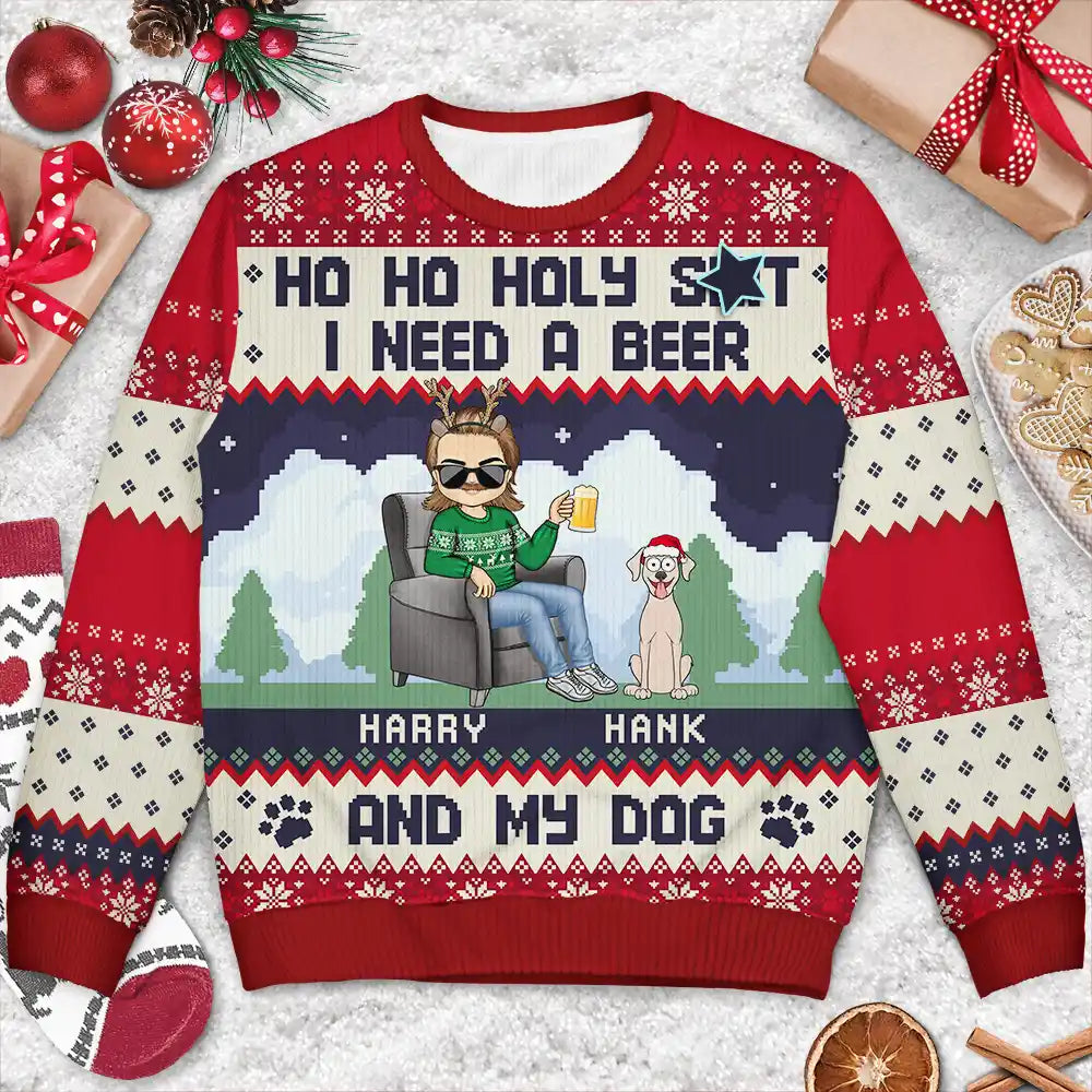 Pet Lovers,Pet Mom,Pet Dad,Funny,Christmas - I Need A Beer And My Dogs - Personalized Unisex Ugly Sweater