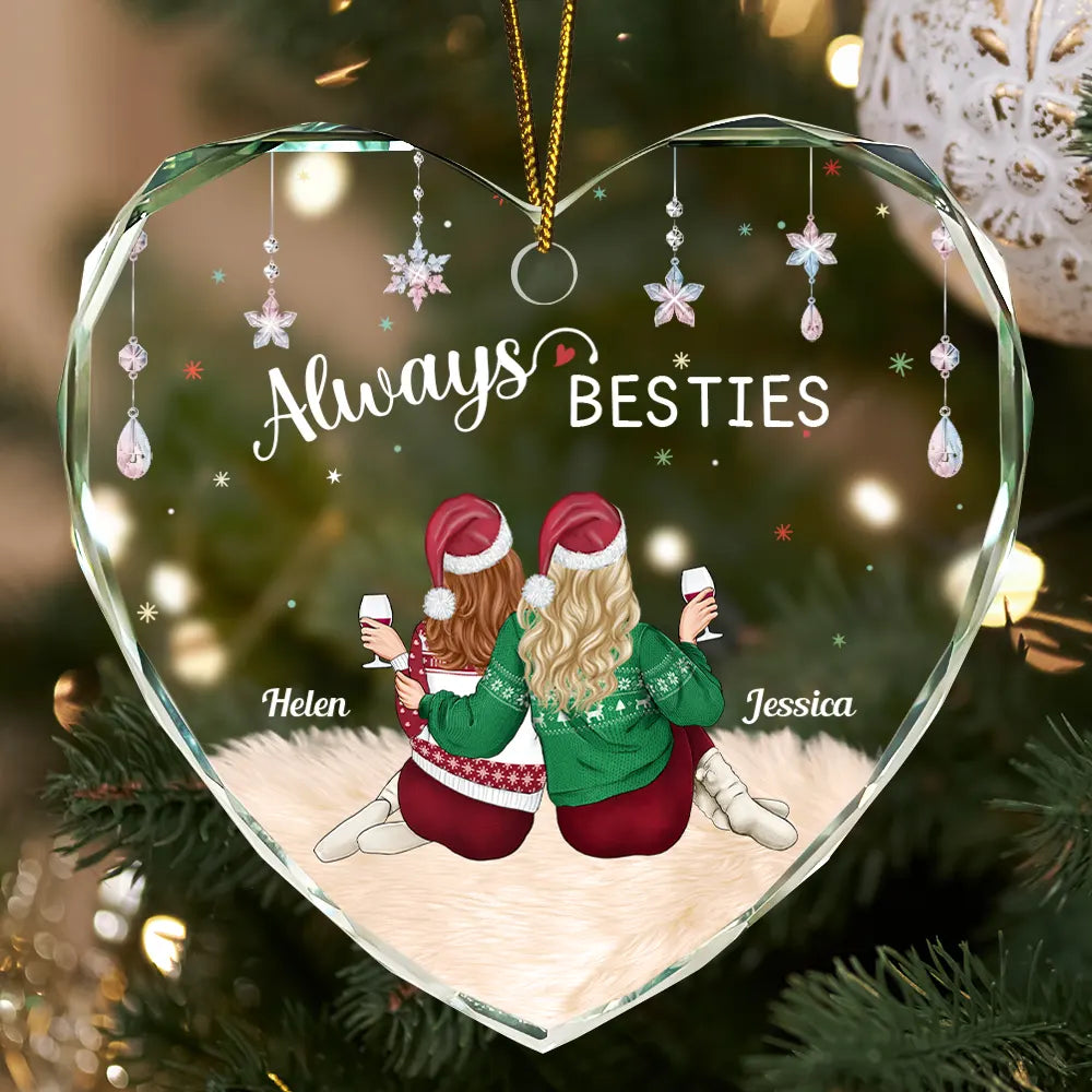 Gift For Bestie, Sisters - Always Besties Christmas - Personalized Heart Shaped Glass Ornament