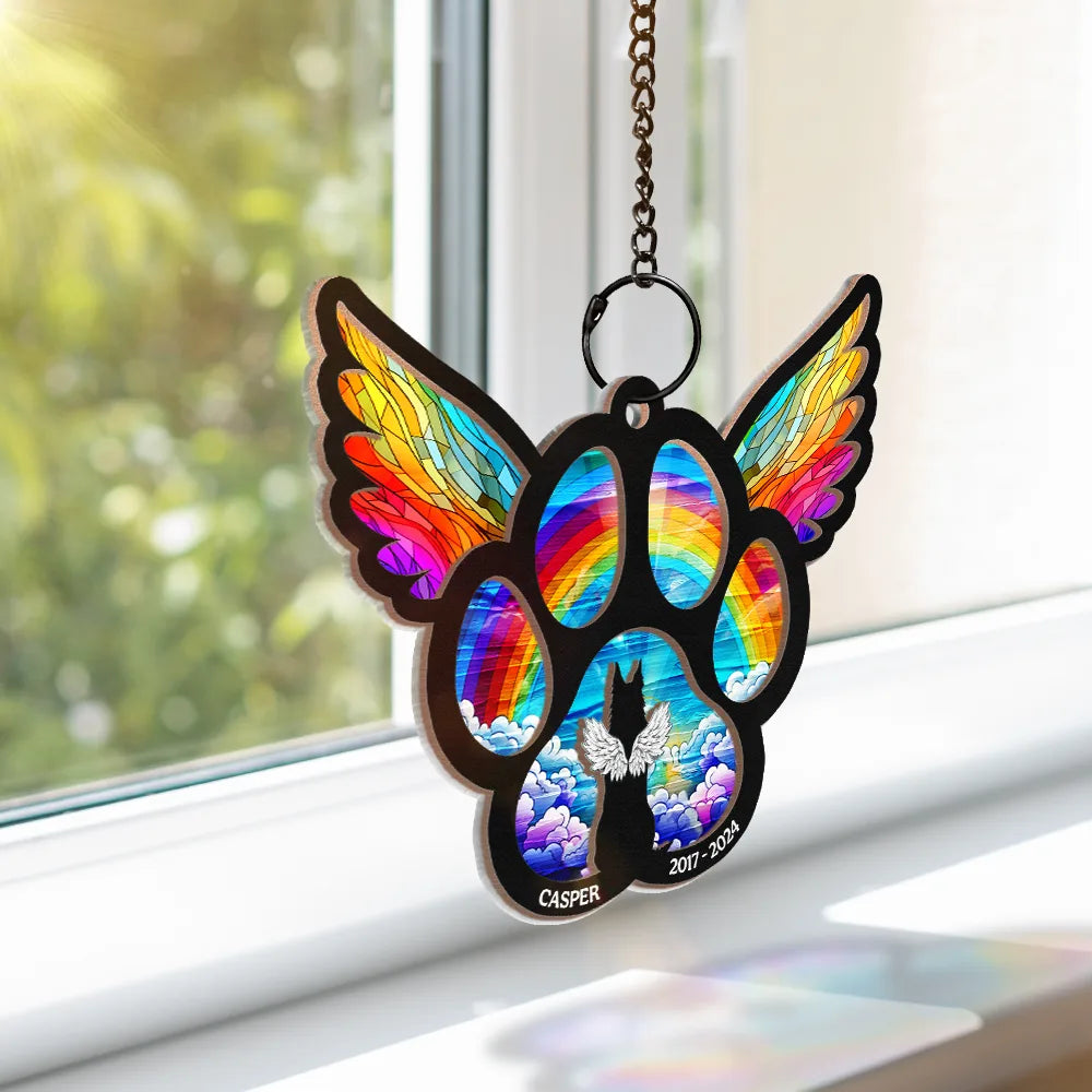 Pet Lovers, Dog Lovers, Cat Lovers - Memorial Dog Cat Waiting At The Rainbow Bridge - Personalized Window Hanging Suncatcher Ornament