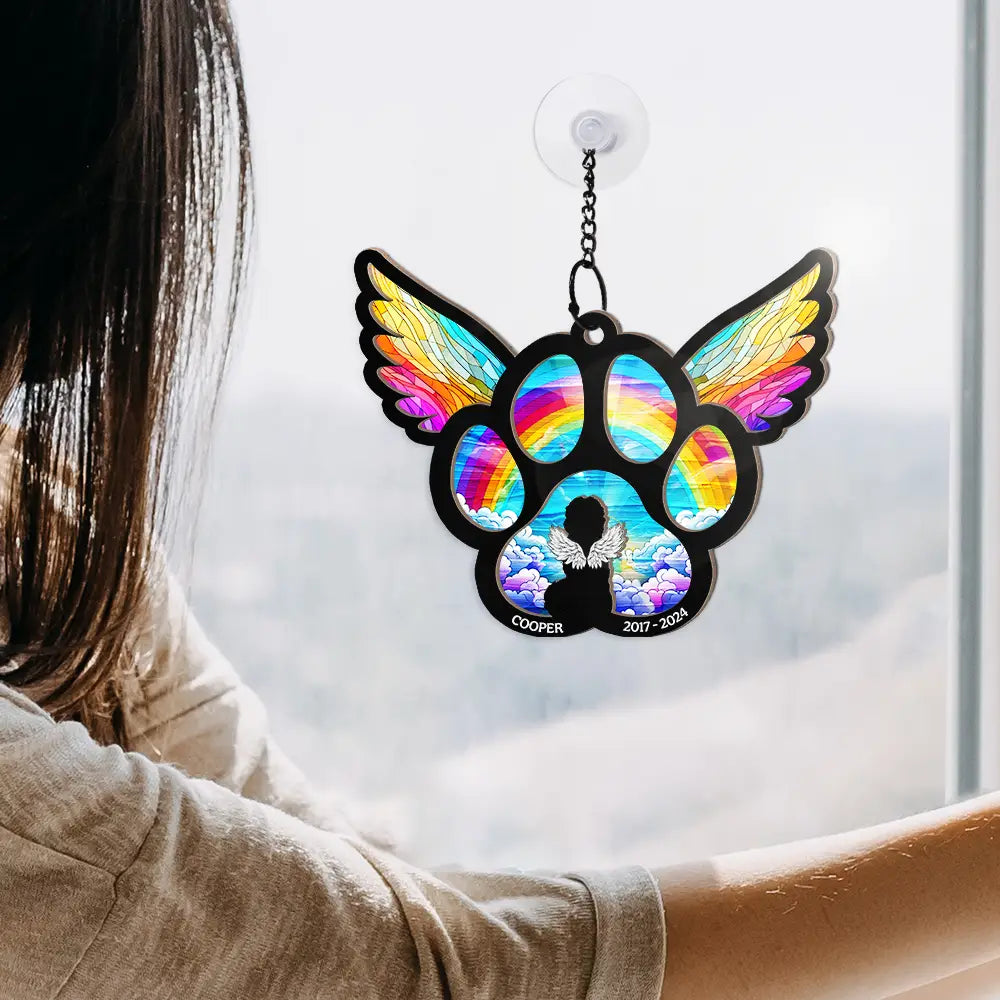 Pet Lovers, Dog Lovers, Cat Lovers - Memorial Dog Cat Waiting At The Rainbow Bridge - Personalized Window Hanging Suncatcher Ornament