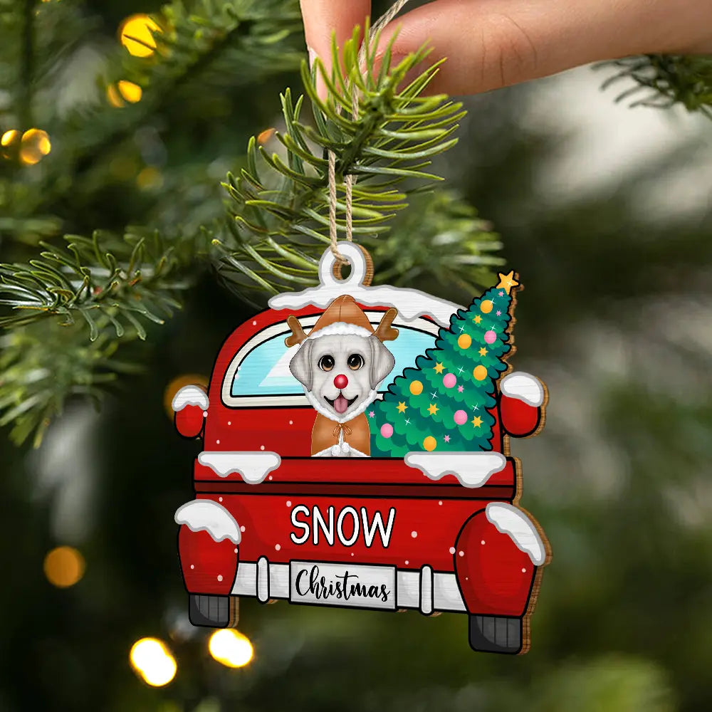 Pet Lovers - Chirstmas Dog Cat With Red Truck - Personalized Wooden Cutout Ornament