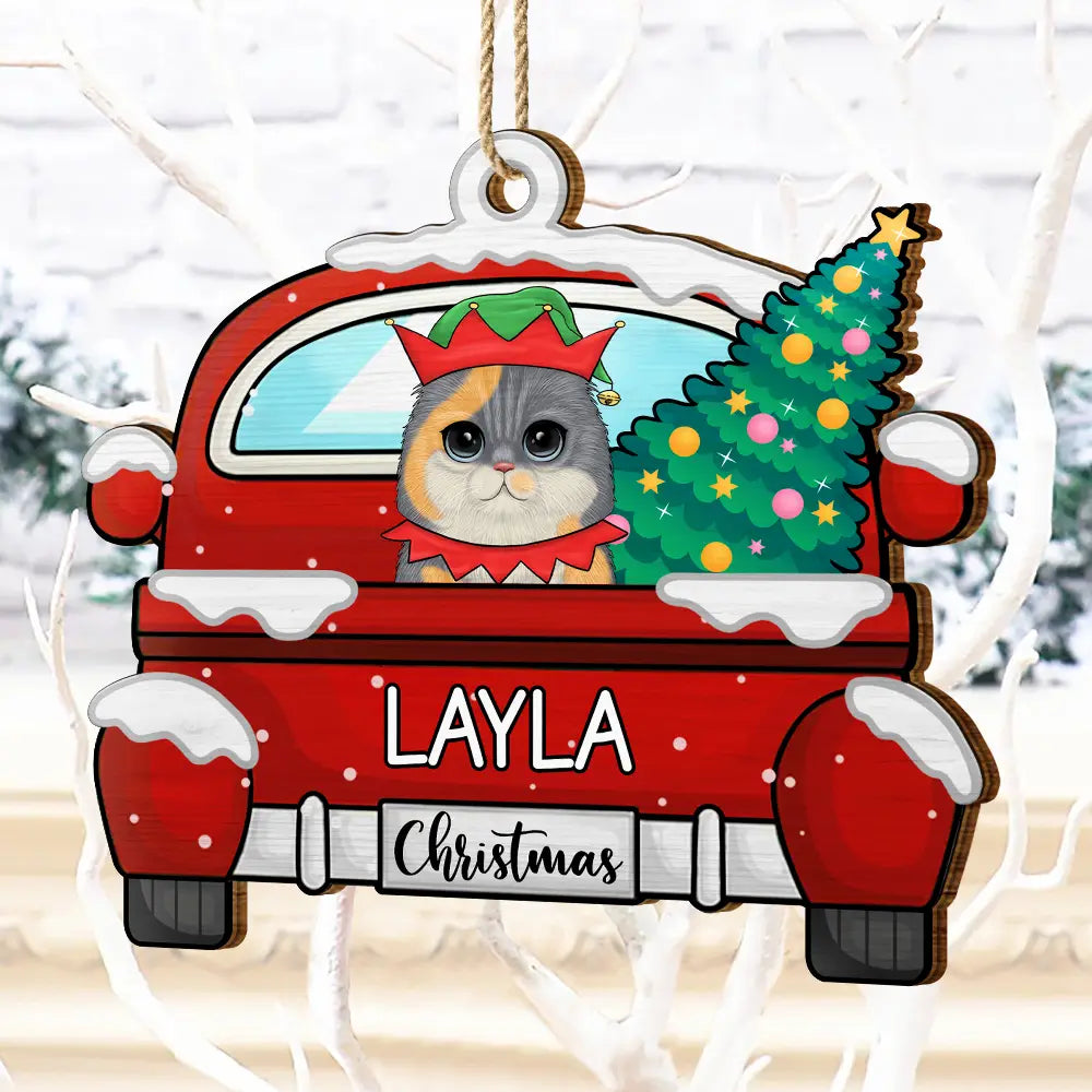 Pet Lovers - Chirstmas Dog Cat With Red Truck - Personalized Wooden Cutout Ornament