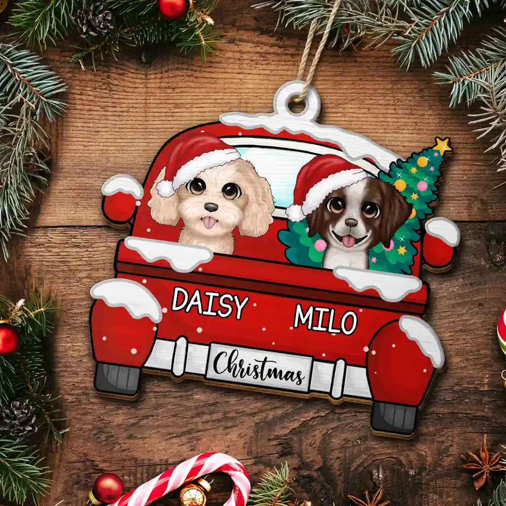 Pet Lovers - Chirstmas Dog Cat With Red Truck - Personalized Wooden Cutout Ornament