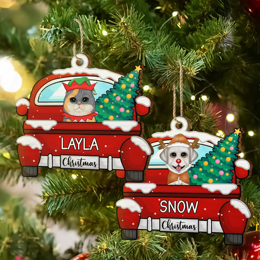 Pet Lovers - Chirstmas Dog Cat With Red Truck - Personalized Wooden Cutout Ornament