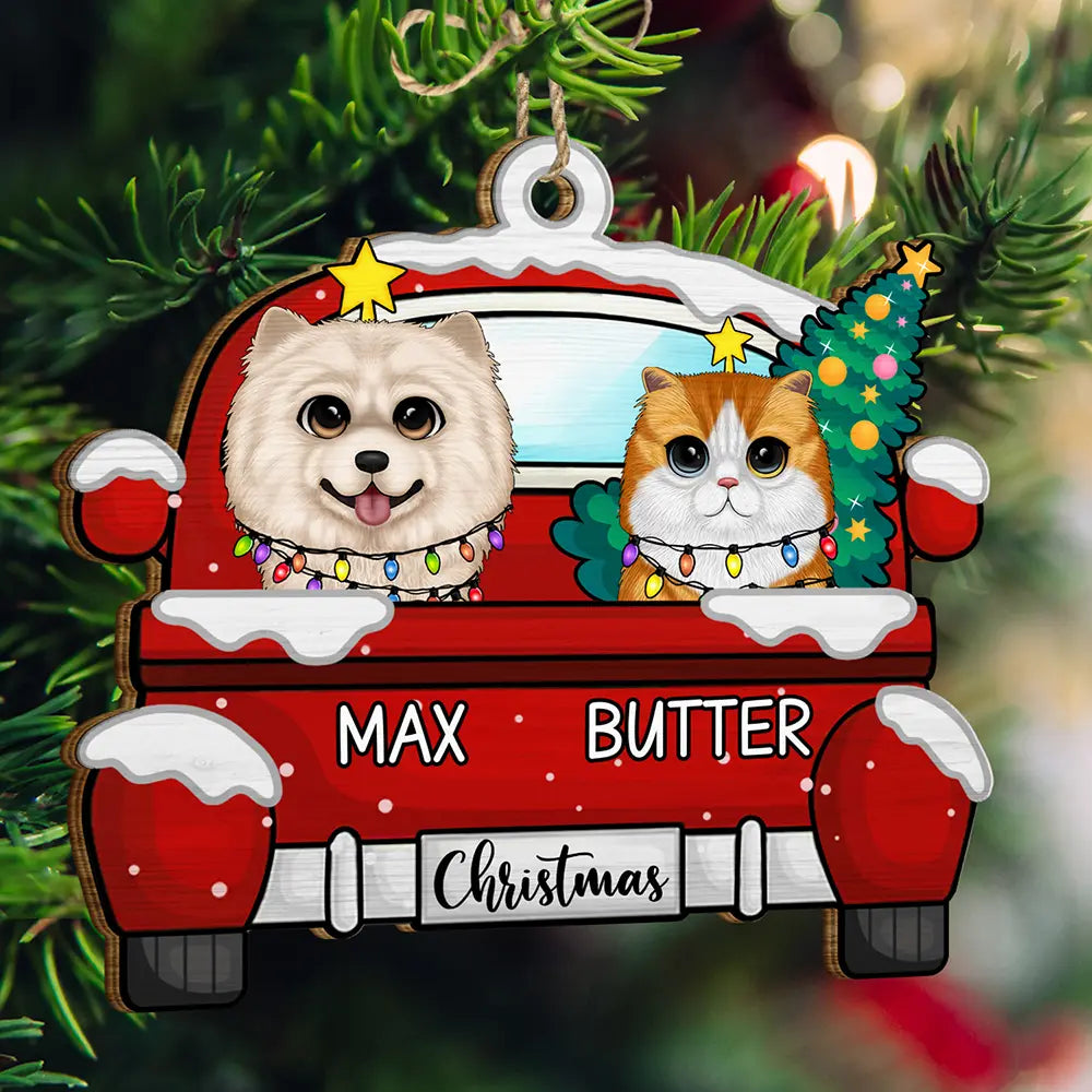 Pet Lovers - Chirstmas Dog Cat With Red Truck - Personalized Wooden Cutout Ornament