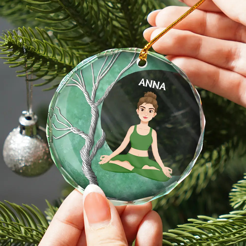 Yoga, Gift For Yourself - Tree Of Life Crescent Moon Yoga - Personalized Circle Glass Ornament